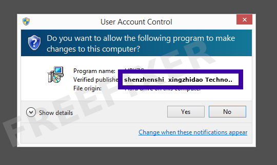 Screenshot where shenzhenshi  xingzhidao Technology Co.,Ltd appears as the verified publisher in the UAC dialog